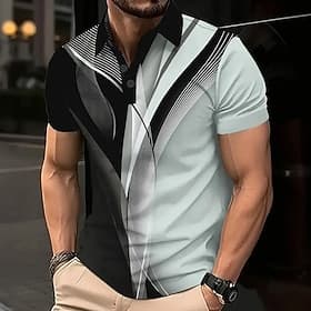 Men's Geometric Line Polo Short Sleeve Polo Shirts Collared Shirts Business Casual School Outdoor Daily Wear 3D Print Summer White Blue Purple