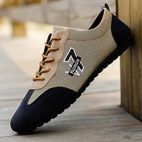 Men's Beige and Navy Lace-Up Sneakers – Breathable Nylon Sport Shoes for Active Lifestyles and Everyday Wear