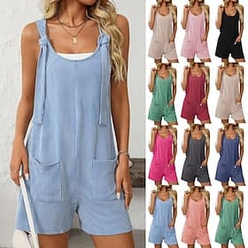 Women's Normal Dungarees Romper Streetwear Solid Color Sleeveless V Neck Pocket Street Daily Regular Fit Black Pink Wine Summer