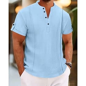 Men's Shirt Casual Shirt Button Up Shirt Plain Beach Vacation White Blue Gray Short Sleeve Henley Summer Clothing Apparel Lace up
