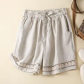 Women's Linen-feel Pants Shorts Slacks Summer Shorts Casual Short Natural Plain Pocket Elastic Drawstring Design Comfy Comfortable Outdoor Going out almond Kha