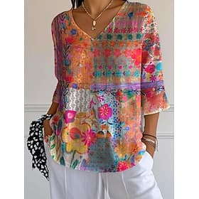 Femmes Chemisier Fleuri Graphique Bohème Tropical Élégant Manche 3/4 Col en V Hauts Réguliers Quotidien Bleu Fuchsia Orange Été Printemps
