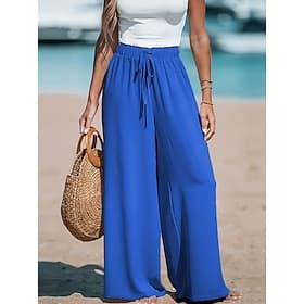 Women's Pants Trousers Palazzo Pants Casual Full Length High Rise Solid Color Drawstring Comfy Soft Inelastic Going out Casual Daily Blue Orange red Apricot Bl