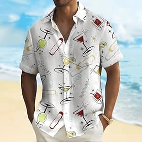 Herren Weinglas Trinken Hemd Sommer Hawaiihemd Knopfhemd Kurzarm Hawaiianisch Urlaub Ferien Strandbekleidung Sommer Frühling Umlegekragen 3D-Druck Hemden mit K