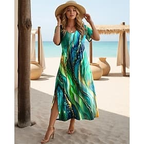 Women's Midi Dress Sundress A Line Dress Vacation Casual Beach Going out Regular Fit Ombre Graphic Geometric Short Sleeve Crewneck Blue Pink Purple Green Summe
