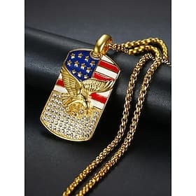 United States 250th Anniversary Men's American Flag Eagle Pendant Necklace – Gold Stainless Steel Patriotic Jewelry with Rhinestones for Independence Day, Vete
