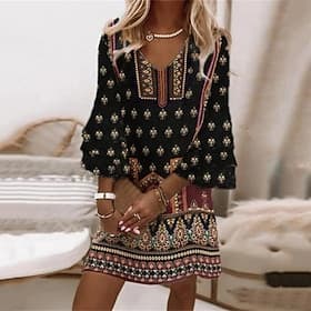 Femmes Mini Robe Robe Décontractée Robe d'été Robe bohème Mode Extérieur Soirée Fête Coupe régulière Fleur manche longue Col en V Noir Été Printemps