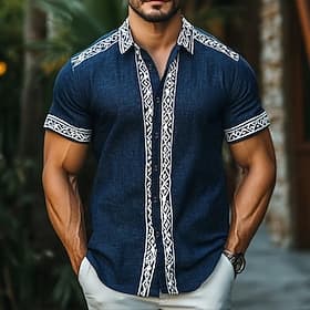 Men's Linen Shirt Summer Shirt Beach Wear Button Up Shirt Ethnic Shirt Vacation Street Black Navy Blue Gray Short Sleeve Turndown Summer Spring Clothing Appare