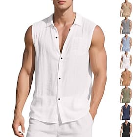 Herren Hemd Leinenhemd Sommerhemd Strandbekleidung Ärmelloses Shirt Einfarbig Urlaub Straße Schwarz Weiß Grün Khaki Ärmellos Hemdkragen Sommer Frühling Bekleid