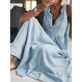 Women's 100% Cotton  Maxi Dress Sundress Basic Casual Daily Vacation Regular Fit Plain Sleeveless V Neck Pink Light Blue Summer thumbnail 3
