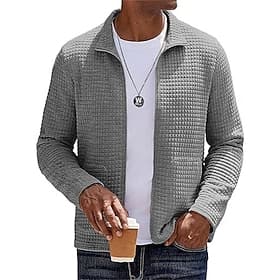 Men's Lightweight Jacket Waffle Jacket Casual Jacket Vacation Daily Warm Pocket Fall Winter Plain Fashion Classic Stand Collar Regular Black White Wine Khaki
