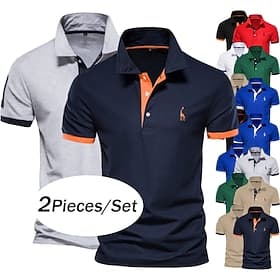 2PCS Men's Polo Golf Shirt Casual Lapel Short Sleeve Comfortable EmbellishedEmbroidered Basic Summer Regular Fit Polo