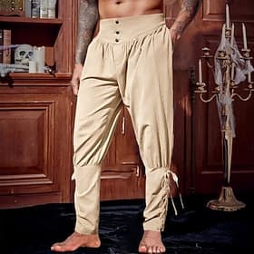 Men's Linen Pants Trousers Summer Pants Casual Pants Pirate Pants Elastic Waist Leg Drawstring Plain Comfort Breathable Full Length Vacation Party Casual Ethni