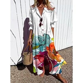 Damen Maxikleid A Linie Kleid Urlaub Ethnisch Lässig Lässiger Schnitt Blumen Grafik Blatt Dreiviertelarm V Ausschnitt Hemdkragen wasserblau Salbeigrün Weiß Mar