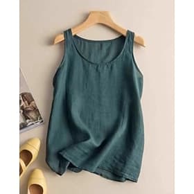 Women's Cotton Linen Shirts Blouse Plain Casual Sleeveless Crew Neck Regular Tops Daily Holiday White Orange Green Khaki Summer