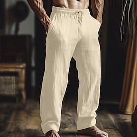 Men's Linen Pants Trousers Summer Pants Baggy Pants Elastic Waist Straight Leg Plain Comfort Breathable Full Length Casual Daily Holiday Fashion Classic Style