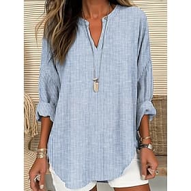 Women's Blouse Linen Like Breathable Lightweight Tunic V Neck Long Sleeve Boho Casual Tops Graphic Striped Elegant Stylish Regular Tops Daily Print Pink Blue G