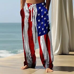 Independence Day Men's American US Flag Patriotic Trousers Casual Pants Baggy Pants Mid Waist Casual Streetwear Holiday Drawstring Elastic Waist Wide Leg Summe