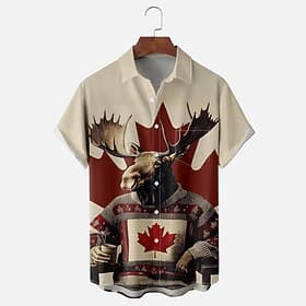 Canada Day Men's Flag Reindeer Shirt Summer Shirt Button Up Shirt Short Sleeve Fashion Casual Holiday Summer Spring Turndown 3D Print Collared Shirts Front One