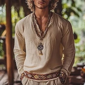 Men's Shirt Linen Shirt Popover Shirt Summer Shirt Beach Wear Retro Shirts Geometric Vacation Street Khaki Long Sleeve V Neck Summer Spring Clothing Apparel Et