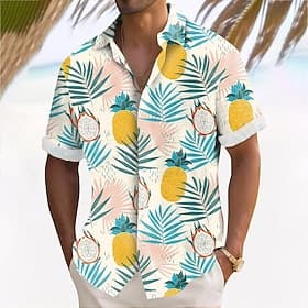 Men's Pineapple Palm Leaf Tropical Plants Summer Hawaiian Shirt Button Up Shirt Aloha Shirt Short Sleeve Hawaiian Vacation Holiday Beach Wear Summer Spring Tur