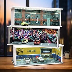 1:64 Model Car Display Case Diecast Diorama Garage,Simulated Parking Lot Model Miniature Scene Parking Lot PVC Assembly with Light Parking Space Model Display