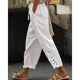 Women's 100% Cotton Summer Pants Cropped Pants Fashion Streetwear Comfort Ankle-Length Mid Waist Plain Lace Comfy Comfortable Street Daily Wear Going out Blac