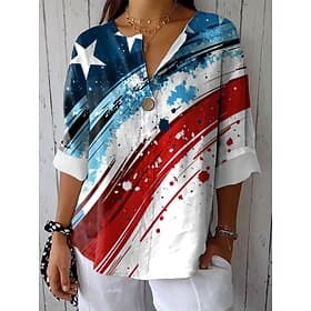 Independence Day Patriotic Women's Blouse Graphic Flag Vintage Stylish Casual 3/4 Length Sleeve V Neck Regular Tops Daily White Red Blue Summer Spring