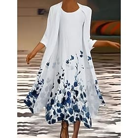 Women's Dress Set Summer Dress Vacation Casual Ombre Floral Print Maxi Dress 3/4 Length Sleeve Crew Neck Daily Wedding Guest Blue White Purple Summer Spring Re
