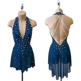 Figure Skating Dress Women's Girls' Ice Skating Dress Lake Blue Patchwork Open Back Mesh High Elasticity Training Competition Skating Wear Classic Crystal / Rh
