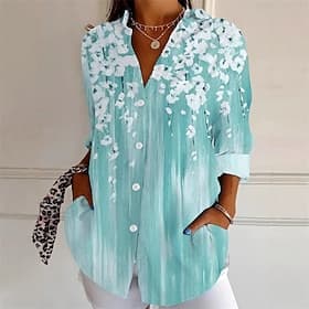 Women's Shirt Linen-feel Shirts Summer Tops Buttons Flower Daily Stylish Casual Long Sleeve Shirt Collar Regular Tops Daily Work Holiday Blue Pink Light Blue S
