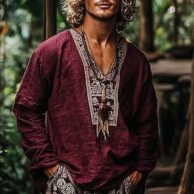 Men's Shirt Linen Shirt Popover Shirt Summer Shirt Beach Wear Retro Shirts Ethnic Vacation Holiday Wine Brown Green Long Sleeve V Neck Summer Spring Clothing A