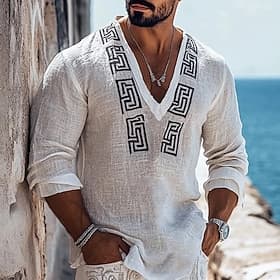 Men's Shirt Linen Shirt Popover Shirt Summer Shirt Beach Wear Ethnic Shirt Geometric Vacation Holiday White Long Sleeve V Neck Summer Spring Clothing Apparel