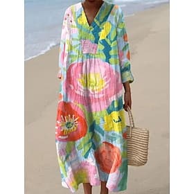 Women's Midi Dress V Neck Long Sleeve Kaftan Lightweight Loose Fit A Line Dress Casual Boho Party Going out Floral Graphic Long Sleeve V Neck Gray Green Dark P