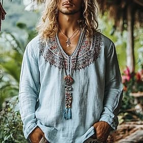 Men's Linen Shirt Popover Shirt Summer Shirt Beach Wear Retro Shirts Ethnic Shirt Outdoor Vacation Blue Green Long Sleeve V Neck Summer Spring Clothing Apparel
