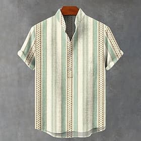 Herren Leinenhemd Popover-Hemd Henley Hemd Retro-Shirts Vintage-Shirt Ethno-Hemd Gestreift Urlaub Lässig Grün Kurzarm Mandarinkragen Sommer Frühling Bekleidung