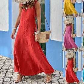 Women's Long Dress Maxi Dress Maxi Dress Linen-feel Dresses Shift Dress Sundress Casual Dress Fashion Outdoor Party Holiday Regular Fit Plain Short Sleeve Spag