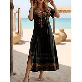 Damen Midikleid Sommerkleid A Linie Kleid Urlaub Lässig Boho Schmetterling Strand Normale Passform Grafik Stammes Kurzarm Rundhalsausschnitt Blau Hellblau Schw