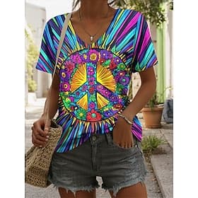 Women's T Shirt Print Ombre Graphic Tie Dye Vintage Stylish Casual Short Sleeve V Neck Regular Tops Daily Blue Summer Spring