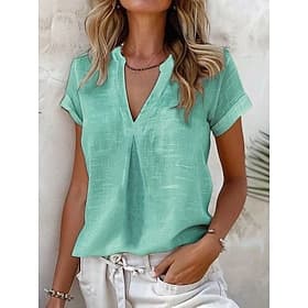 Women's Shirt 100% Cotton Daily Business Short Sleeve Cap Sleeve High Neck Regular Tops Daily Work Blue Yellow Light Green Sky Blue Light Grey Summer