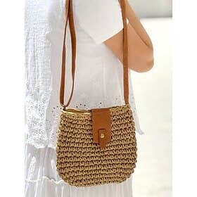 Women's Woven Straw Crossbody Bag with Leather Strap - Chic Boho-Style Handbag for Summer, Beach and Casual Outings