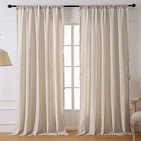 Beige Linen Curtains Semi-Transparent All-Season Decorative Drapes for Bedroom  Living Room, Machine Washable Polyester, Rod Pocket Style, Traditional Home Dec