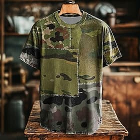 Men's Camouflage T Shirt Short Sleeve T shirt 3D Print Crew Neck Shirt Retro Vintage Vintage Retro Party Street Casual Green Summer Spring All Seasons Clothing