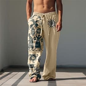 Men's Graphic Prints Casual Pants Baggy Pants Mid Waist Ethnic Style Casual Drawstring Elastic Waist Front Pocket Spring  Summer Blue Black Khaki