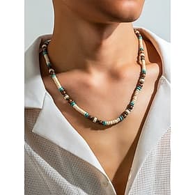 Men's Natural Beaded Necklace with Wood and Turquoise Accents – Bohemian Surf Style Jewelry for Casual Outfits, Summer Festivals and Beachwear