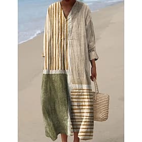 Women's Midi Dress V Neck Long Sleeve Kaftan Lightweight Loose Fit A Line Dress Casual Boho Going out Loose Fit Graphic Long Sleeve V Neck Black Blue Orange Kh