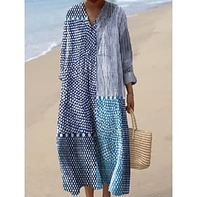 Damen Midi Kleid V-Ausschnitt Langarm Kaftan Leicht Lockerer Schnitt A-Linien Kleid Lässig Boho Ausgehen Grafisch Geometrisch Streifen Langarm V-Ausschnitt Ora