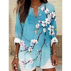 Women's Blouse Linen Like Breathable Lightweight Tunic V Neck Long Sleeve Boho Casual Summer Tops Floral Graphic Vintage Tropical Regular Tops Daily Wear Print