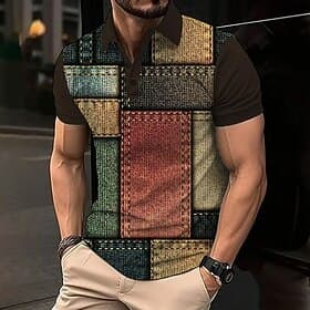 Herren Farbblock Polo Kurzarm Polo-Shirts Hemden mit Kragen Lässig Athleisure Knöpfe Sommer Schwarz