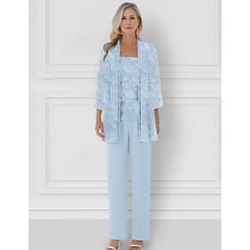 Jumpsuit Pantsuit 3 Piece Floor Length Mother of the Bride Dress 3/4 Length Sleeve Crew Neck Elegant Simple Minimalist Formal Wedding Guest Chiffon with Lace